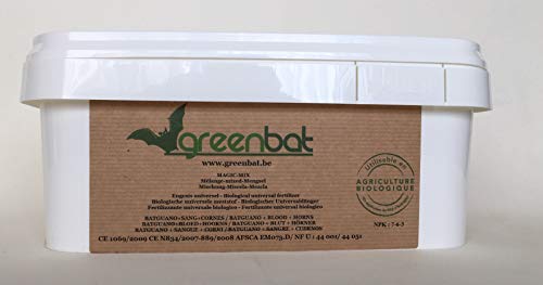 GREENBAT 3 Kg de Polvo NPK 7-6-3 Mezcla de Fertilizante biológico de Guano de murciélago, harina de Sangre y Cuernos de bovino.