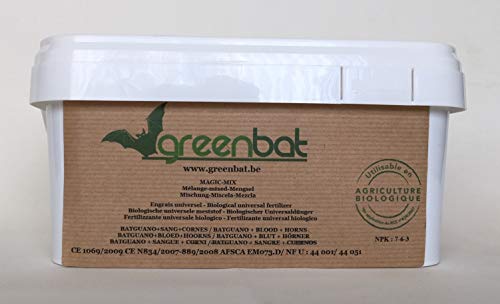 GREENBAT Cubo 1 kg Granulado/Pellet NPK 7-6-3 Mezcla de Fertilizante biológico de Guano de murciélago, harina de Sangre y Cuernos de bovino.