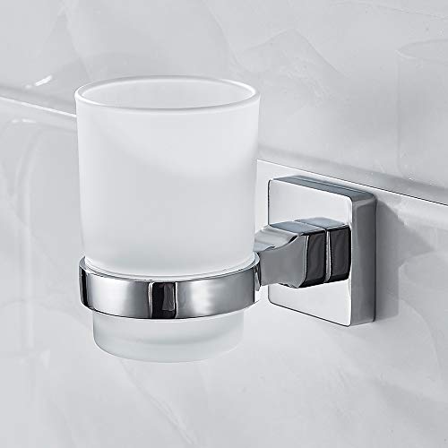 GreenRibbon Soporte de vaso para cepillo de dientes de cristal cromado montado en la pared, accesorio de baño para cocina (1 unidad, base cuadrada)