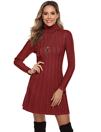 Hawiton Vestido de Punto para Mujer Elegante Vestido de Suéter de Cuello Alto Patrón de Cable Vestido de Manga Larga A-Line Jersey de Punto para Invierno