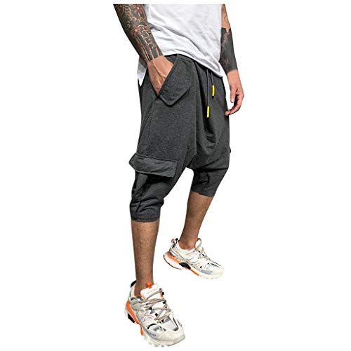 Hombre Pantalones Harem - Pantalones Cortos 3/4 Cómoda Cintura Elástica Pantalones con Cintura Moda Color Sólido Sueltas Casuales Yoga Hippies Pantalon Bombachos Yvelands(Gris,L)