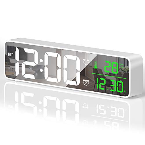 HOTERB Reloj Despertador Digital,Despertadores Digitales LED con 40 Melodias,2 Alarma,Temperatura y Hora,Digitos Grandes Reloj Digital Sobremesa Pantalla de Espejo para Dormitorio,Mesita(Blanco)