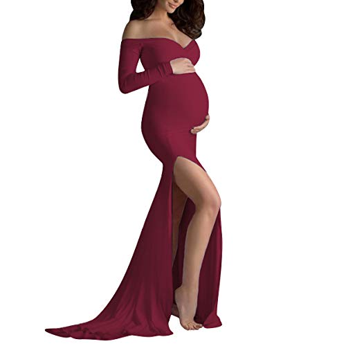 IMEKIS Vestido de mujer con hombros descubiertos, vestido de maternidad dividido lateral, para sesión de fotos, elegante embarazo, vestido largo para fiesta de fotografía