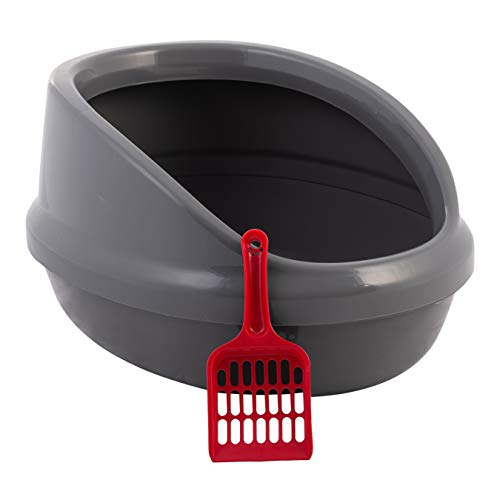 Iris Ohyama, Bandeja de arena para gatos con lados altos, sin derrames de basura, borde extraíble, interior pulido, pala incluida, para gato - Cat Litter Box PNE-500H - Gris