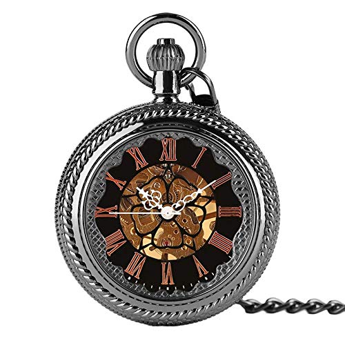 J-Love Relojes de Bolsillo mecánicos de Cuerda Grande a la Moda para Hombres y Mujeres, Reloj Steampunk clásico, Reloj Esqueleto de Cuerda Negra, Hora