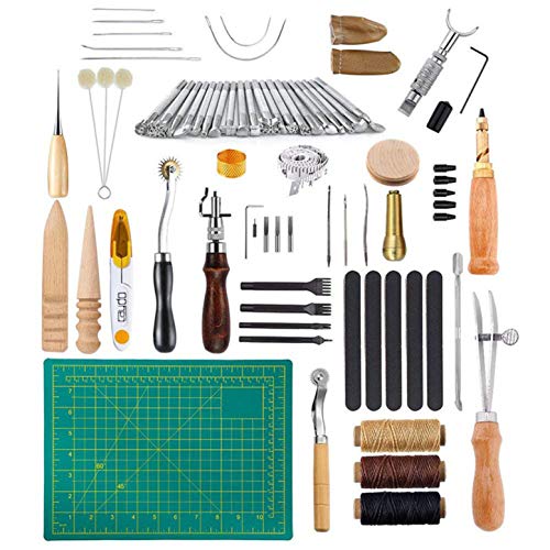 Joyeee 50 Piezas Juego de Herramientas de Cuero, Herramientas de Coser Artesanales para Artesanía de Cuero Trabajo de Grabado, Herramientas de Coser de Cuero Artesanía de Cuero Kit