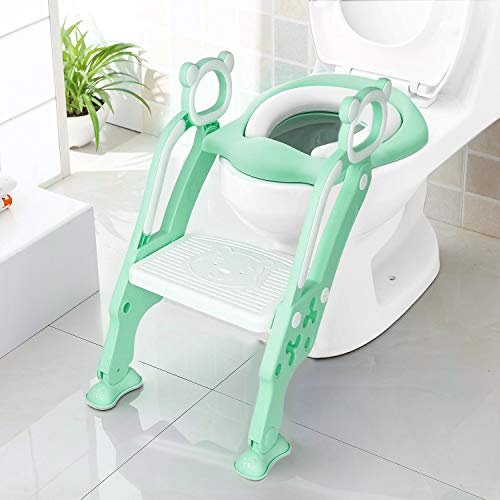 KEPLIN - Escalera de aprendizaje infantil para asiento de inodoro con escalón ancho antideslizante y cojín suave verde verde