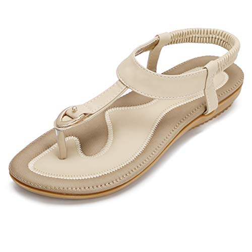 KUONUO Sandalias Mujeres Bohe Rhinestone Moda Plano Talla Grande Bohemia Sandalias Casuales Zapatos de Playa Sandalias Romanas Chanclas de Damas