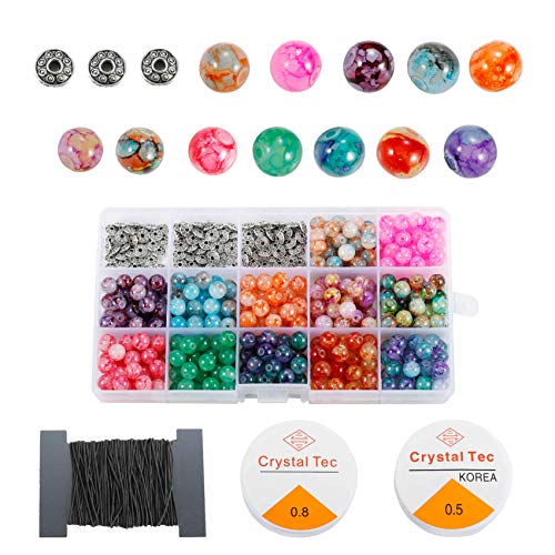 LABOTA 360 Piezas Crackle Cuentas de Cristal con elásticos Stretch Strings cuentas espaciadoras para la pulsera del collar de la joyería que hace el arte de DIY con la caja del envase