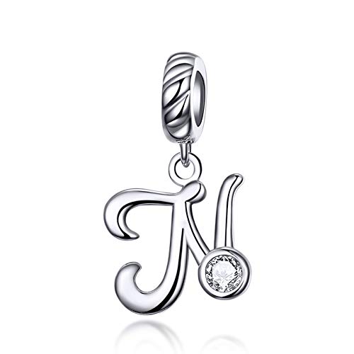 LaMenars Letras Colgantes de Alfabeto A-Z Abalorios Charms Originales Plata de Ley 925 con Circonita Cúbica para Pandora & Europeo Pulseras Brazaletes Collares para Mujer (Letter N)