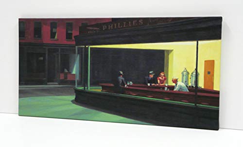 Lienzo Cuadro Nighthawks, Edward Hopper 1942, (P2678) Impreso en Canvas de 320 gr de Algodón- Acabado Mate- Bastidor de Madera de Pino de 2cm de Grosor-Muy Ligero (50x100cm)