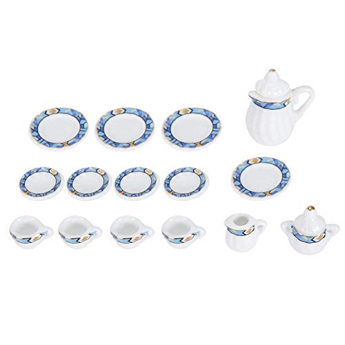 Liyeehao Juego de té en Miniatura, clásico de 15 Piezas de casa de muñecas en Miniatura de Cocina, Regalo de decoración para Amantes del(Blue Geometric Figure)