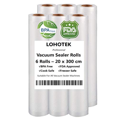 LOHOTEK Rollos para Envasadora Sellador de Vacío 6 Packs 20cmx300cm Bolsas Profesional para la Conservación de Alimentos Protector la Comida para Cocina