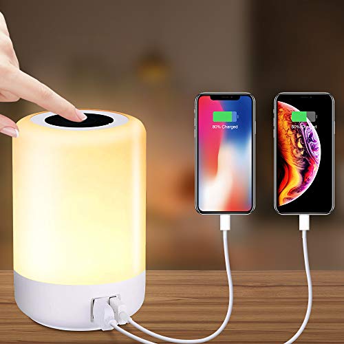 Luz de Nocturna LED, solawill Lámpara de Mesita de Noche hay 4 puertos USB, 8 colores RGB conmutables y brillo de 3 niveles puede cambiar el color, proteger los ojos, utilizar en el dormitorio o salón