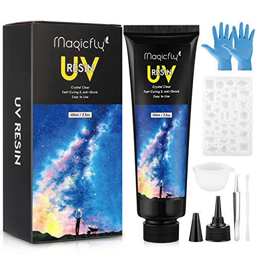 Magicfly Resina UV transparente de 100 g de resina UV dura para hacer joyas, curado ultravioleta y luz solar, resina epoxi transparente con moldes, taza de silicona, guantes, pinzas para manualidades