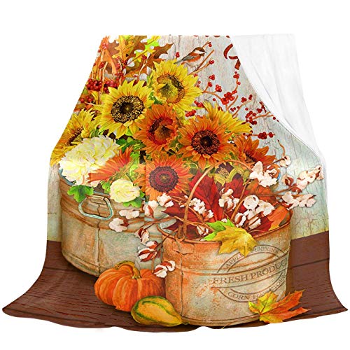 Manta de impresión 3DAcción de Gracias Manta de Tiro de otoño Girasol Calabaza Suave y Acogedor vellón de Franela Vintage Floral Mantas gemelas para Cama Sofá Sofá 150 x 200 cm