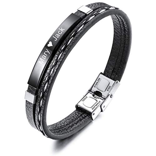 MeMeDIY Nombre Pulsera Pulseras Personalizadas para Mujeres Pulseras Personalizadas para Niños Hombres Niñas Acero Inoxidable Grabado de Cuero Genuino Brazalete Trenzado Ajustable (Negro Color)