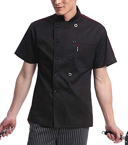 Men's Short Sleeve Breathable Work Chef Jacket Kitchen Cook Coat Stripe Uniforms