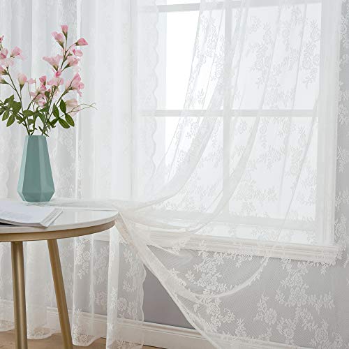 MIULEE 2 Hojas Cortinas Lace con Floritos Preciosas Translúcidas Gasa Poliéster Moderna Encaje Floral Elegante para Ventanas Balcon 8 Anillas para Habitación Dormitorio Balcon Salón 150x245cm Blanco