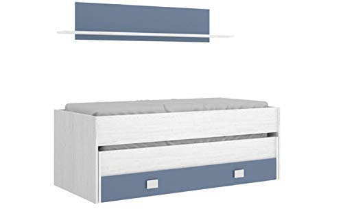 Mobelcenter - Cama Nido Doble con Cajón y Estantería - Blanco Artic y Azul Aguamarina - Cama Superior 90x190 - Cama Inferior 90x180 - Medidas: 200 cm (Ancho) x 74 cm (Alto) x 99 cm (Fondo) - (1082)