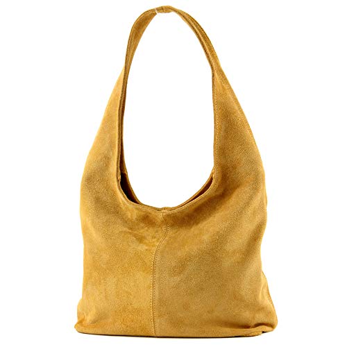 modamoda de - italiana de cuero bolso de gamuza T150, Color:amarillo mostaza