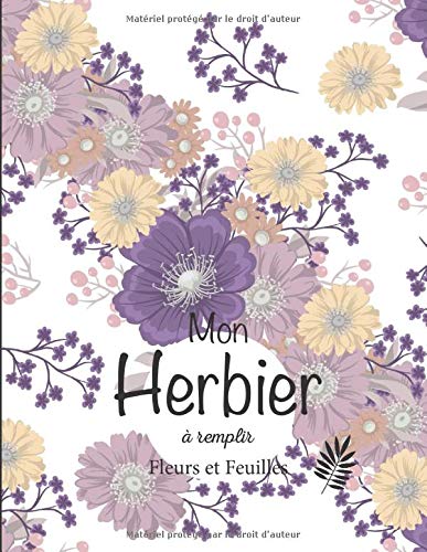 Mon Herbier à remplir: v1-5 Fleurs ou Feuilles Plantes pressées et séchées | 50 fiches à renseigner 105 pages | format Large 21,59x27,94cm | fond blanc fleurs violettes