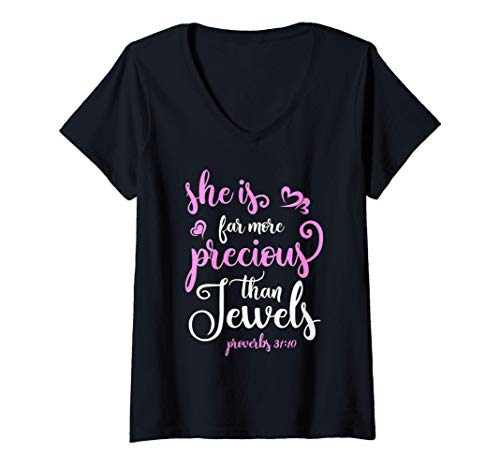 Mujer Proverbios 31 Cita Versículo bíblico Más joyas preciosas Camiseta Cuello V