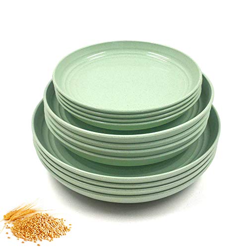 N//A Juego de 12 platos de paja de trigo, irrompibles, ligeros platos de cena, aptos para microondas, perfecto para ensalada, pasta, bistec y frutas (17,3 cm, 7,8 cm, 22,4 cm) (verde)