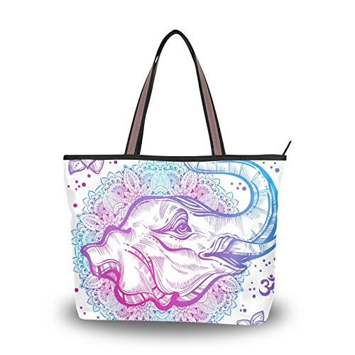 NaiiaN Bolso de mano para compras, bolso de mano con diseño de elefante, loto, azul, morado, retro, correa ligera para mujeres, niñas, bolsos para estudiantes