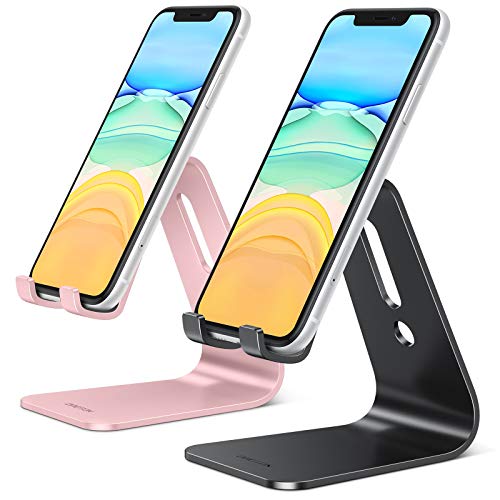 OMOTON Soporte Móvil Mesa 2 Pack, Soporte Base 2 Piezas para Teléfono con Almohadilla de Silicona Antideslizante para iPhone 12 Mini/12 Pro Max/11 Pro, Huawei P20 Lite, Samsung S10, Negro+ Oro Rosa