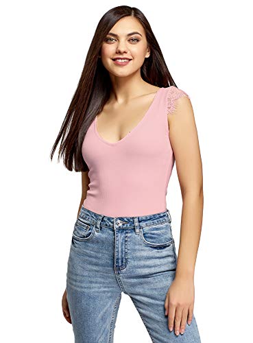 oodji Ultra Mujer Camiseta de Tirantes con Acabado de Encaje, Rosa, ES 40 / M