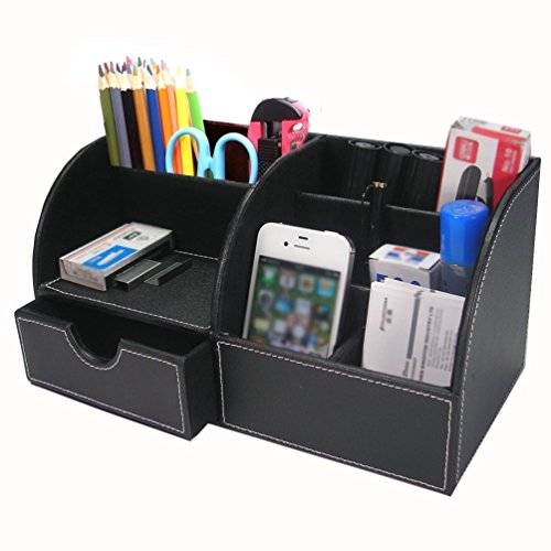 Organizador de escritorio multifuncional - Portalápices piel PU 7 compartimentos/caja almacenaje soporte con un cajón almacenamiento tarjetero/teléfono portátil/papelería/grapadora/mando a distancia