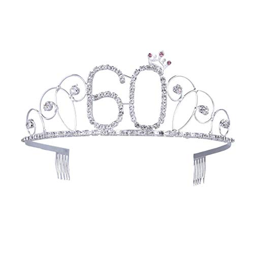 Ouinne Tiara Cristal Cumpleaños Corona Princesa Feliz Cumpleaños de Número 60 Accesorios con Peine