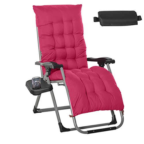 Outsunny Tumbona Plegable Silla Reclinable con Cojín Extraíble Acolchado de Textilene Portavasos para Patio Playa Jardín Carga 150 kg 90x65x110 cm Rojo