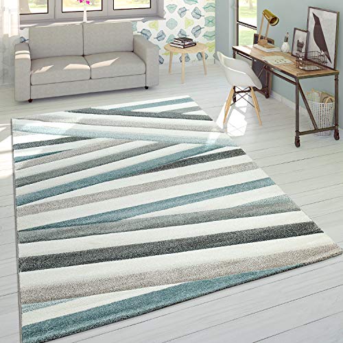 Paco Home Alfombra De Diseño Moderna Contorneada En Colores Pastel A Rayas Y Zigzag En Azul y Crema, tamaño:80x300 cm