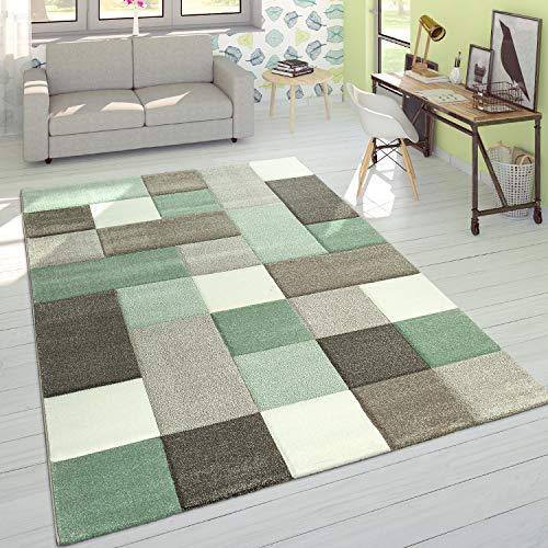 Paco Home Alfombra Diseño Moderna Perfil Contorneado Colores Pastel Cuadros Beige Verde, tamaño:120x170 cm