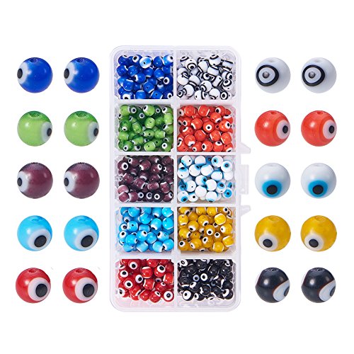 PandaHall Elite - 1 caja de 500 cuentas de cristal de ojo de 6 mm, redondas, para bisutería, manualidades, color mixto, agujero: 1 mm, aproximadamente 50 unidades/compartimento, 500 unidades