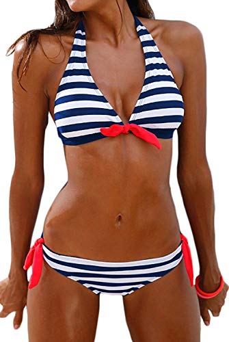 PANOZON Mujer Bikinis Sexy Traje de Baño Colgando al Cuello con Dos Colores Opcionales (Small, Azul-3)