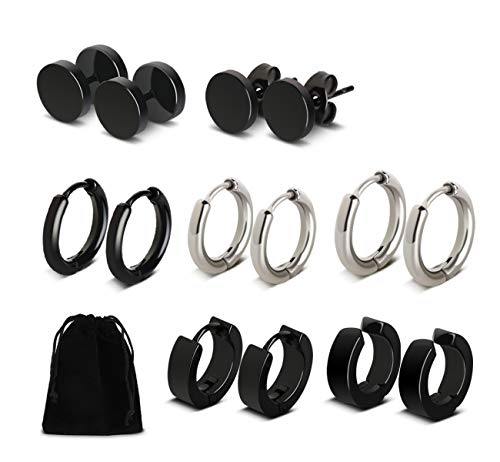 Pendientes de Aros de Acero Inoxidable 7 pares Negro para Hombres y Mujeres Zarcillos con piercing de redondo Moda Joyería Pendientes