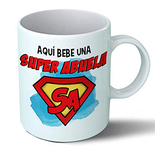 Planetacase Taza Abuela - Aquí Bebe Una Super Abuela - Regalo Original Abuelas Superabuela Familia Taza Desayuno Café Ceramica 330 mL