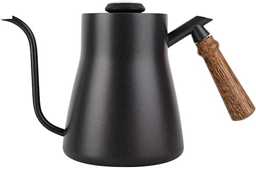 POEFT - Hervidor de café con termómetro integrado de acero inoxidable con cuello de cisne de 850 ml, con boquilla larga y estrecha con mango ergonómico de madera aislado.