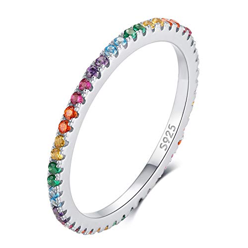 Qings Anillo de Gotitas Plata de Ley 925, Anillo Arcoiris con Colorido Circonita Cúbica para Mujeres de Boda Chica de Damas