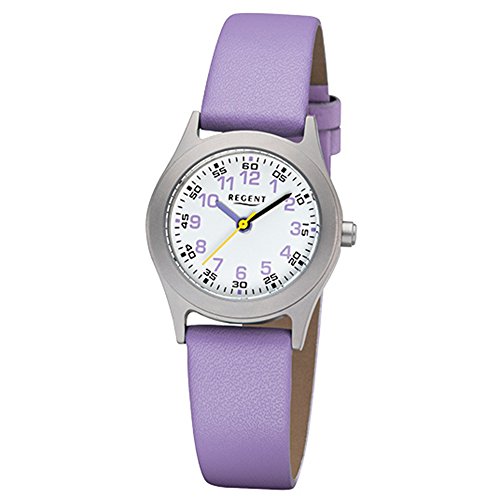 Regent Reloj de pulsera para niños, elegante, analógico, correa de piel, color lila, reloj de cuarzo, esfera blanca, URF1120