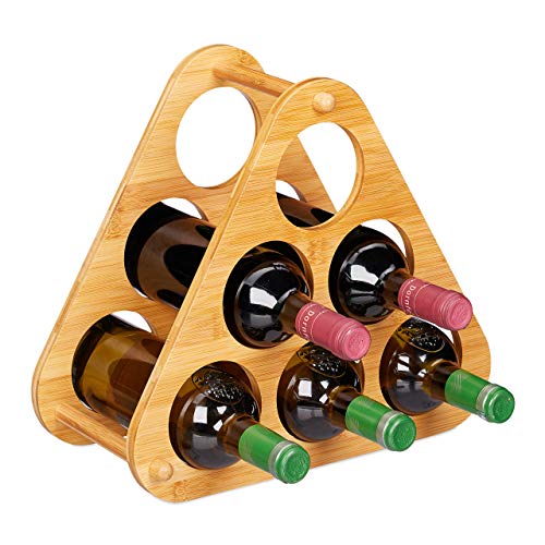 relaxdays Botellero para 6 Botellas, Estantería Vino Piramidal, Soporte Triangular, Bambú, 1 Ud, 31x34,5x19 cm, Marrón