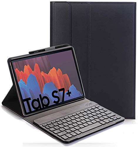 RLTech Funda Teclado Español Ñ para Galaxy Tab S7+, Español Ultra Slim Teclado Keyboard Case con Magnético Desmontable Inalámbrico Bluetooth para Samsung Tab S7+ 12.4" T970/975/976 2020, Negro