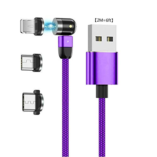 Ruibo Sike - Cable de carga magnético USB 3 en 1 para carga de 360 ° y 180 °, cable giratorio de 2,4 A de nailon, cable giratorio magnético 2M=6ft morado