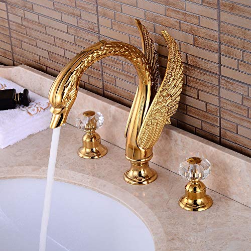 Sebasty De Gama Alta Cuenca del Grifo Ajuste De Frío Y Caliente Faucet Forma De Cisne De Tres Hoyos Forma De Cristal Chapado En Oro