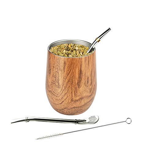 Set de Mate Argentino Taza Mate de Vaso Pared Doble de Acero Inoxidable, Dos Bombillas(Pajas) y Cepillo de Limpieza Incluido, Calabaza Yerba Mate Moderna Madera