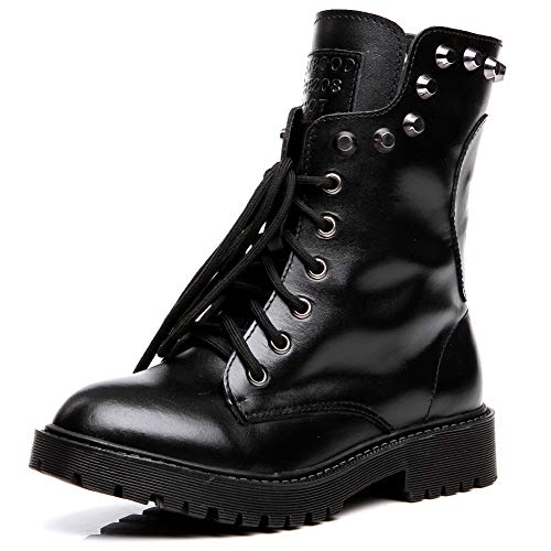 Shenn Mujer Cráneo Punk Remache Media Pierna Tacón Grueso Motocicleta Botas De Motociclista (EU42, Negro)