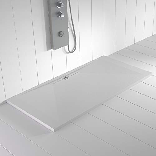 Shower Online Plato de ducha Resina WIDE - 70x90 - Textura Pizarra - Antideslizante - Todas las medidas disponibles - Incluye Rejilla Color Blanco y Sifón - Blanco RAL 9003